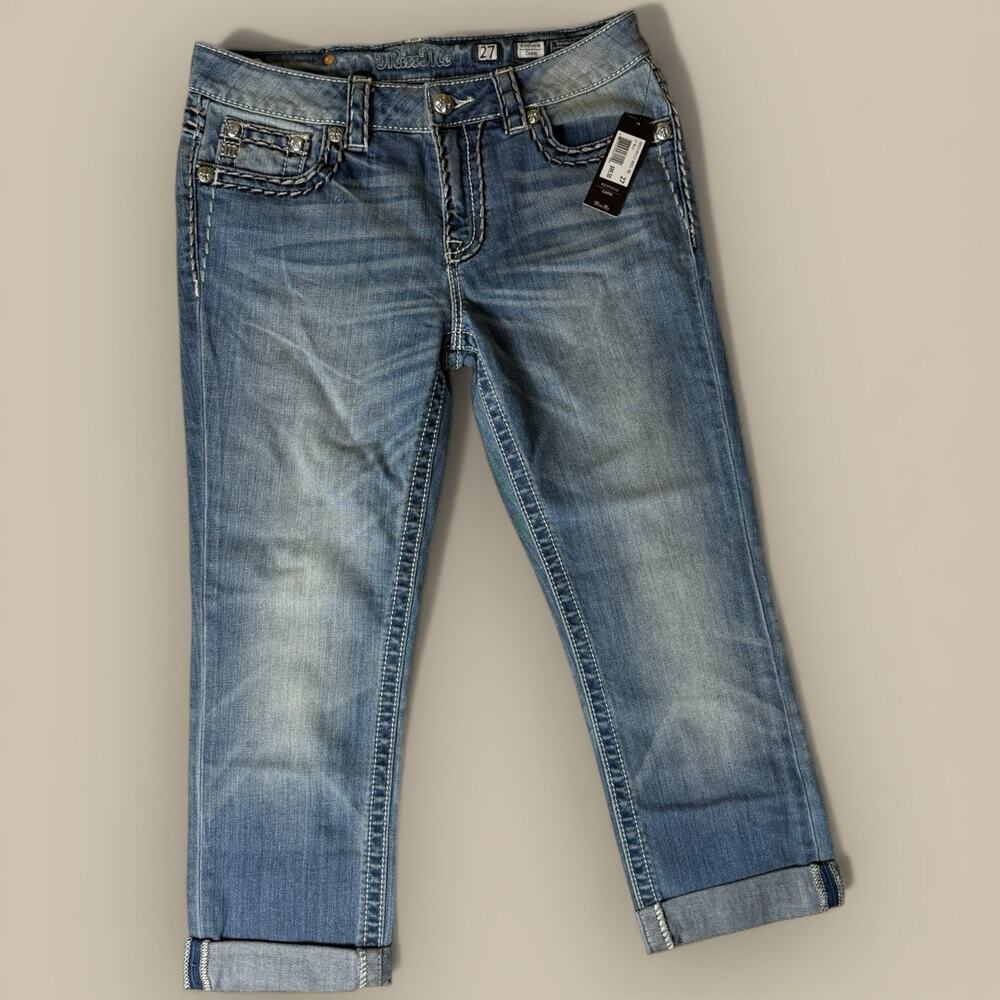 Miss Me Capri Jeans Womens Blue Boyfriend Mid Rise Thick Stitch 32x22 NWT